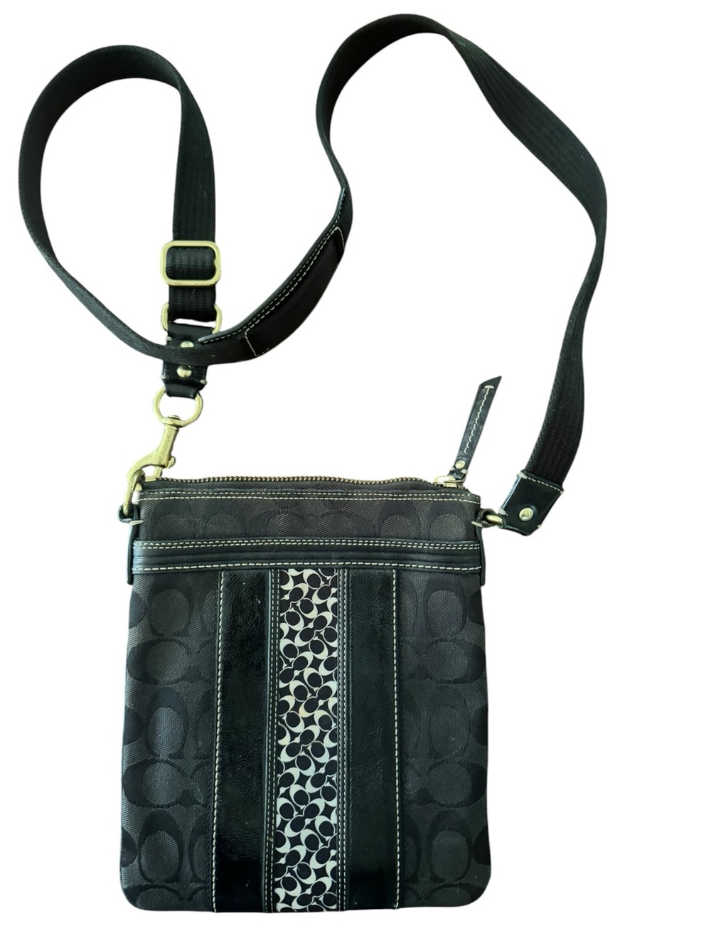 Coach Black Signature Crossbody with Contrast Monogram Stripe